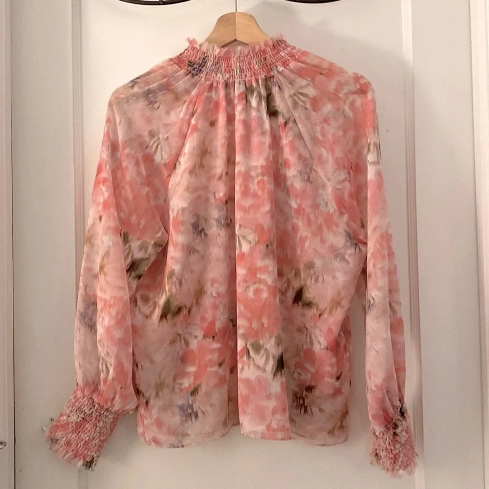 Misa Los Angeles Pink Long Sleeve Ruffled Blouse with Mandarin Collar - Picture 7 of 7